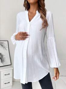 SHEIN 孕婦缺口領口燈籠袖襯衫 - 白色 - 查看 1