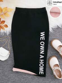 SHEIN 女大童1入組字母圖案高腰半身裙 - 黑色 - 查看 1