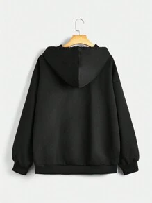 SHEIN EZwear 加大码万圣节印花拉链落肩抽绳卫衣 - 黑色 - 查看 2