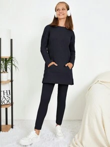 RueChic Teen Girls Solid Split Hem Tee & Leggings - Dark Grey - View 4