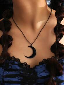 ROMWE Goth 1pc Fashion Zinc Alloy Moon Charm Necklace For Women For Daily Decoration - Black - View 2