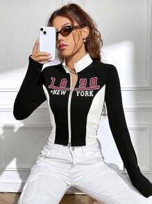 INAWLY Letter Graphic Two Tone Zip Up Crop Tee - Black and White - View 3