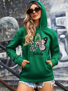 SHEIN Essnce Butterfly & Floral Print Kangaroo Pocket Drop Shoulder Drawstring Thermal Lined Hoodie - Green - View 5