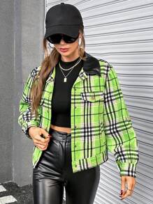 SHEIN Essnce Plaid Print Drop Shoulder Crop Jacket - Green - View 3