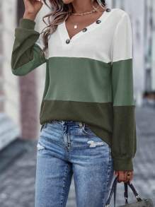 SHEIN LUNE 撞色紐扣細節運動衫 - 綠色 - 查看 5