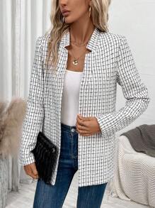 SHEIN LUNE Plaid Open Front Tweed Overcoat - Black and White - View 1