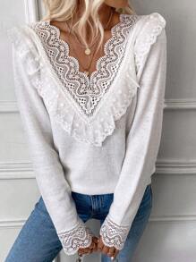 SHEIN Clasi Guipure Lace Trim Sweater - White - View 4