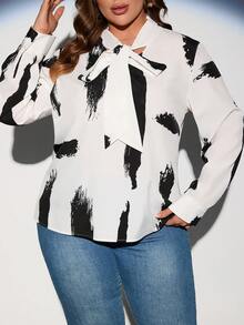 SHEIN Clasi 大碼筆刷圖案繫帶領襯衫 - 白色 - 查看 6