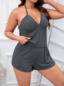 Hơn Ren tương phản Bộ Áo Cami & Quần shorts PJ - Xám - Xem 5