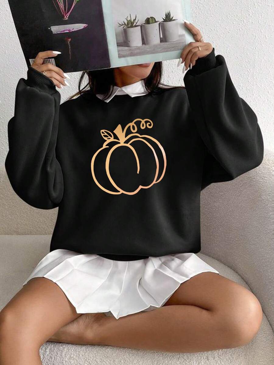 Hanorac casual de damă, cu imprimeu cu dovleac, cu decolteu rotund, toamnă/iarnă