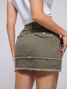 SHEIN EZwear Raw Hem Váy Denim - Cà phê nâu - Xem 2