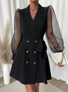 SHEIN Frenchy Contrast Mesh Puff Sleeve Double Breasted Belted Dress - Black - View 3