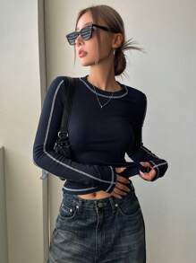 DAZY Top-stitching Ribbed Knit Tee