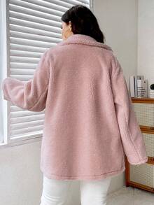 Celure Áo khoác thường ngày bằng len cừu giả ve áo màu trơn cỡ lớn cho nữ - Hồng - Xem 2