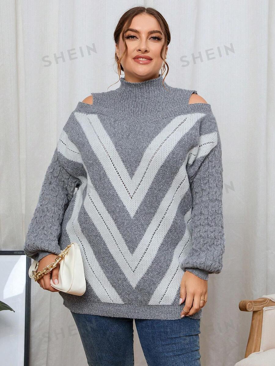 SHEIN Unity Talla grande Jersey con patrón de cheurón de hombros descubiertos - Gris - Ver 1