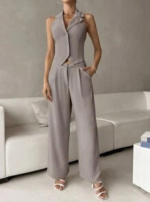 SHEIN Unity Solid Button Front Vest Blazer & Wide Leg Pants - Dusty Purple - View 1