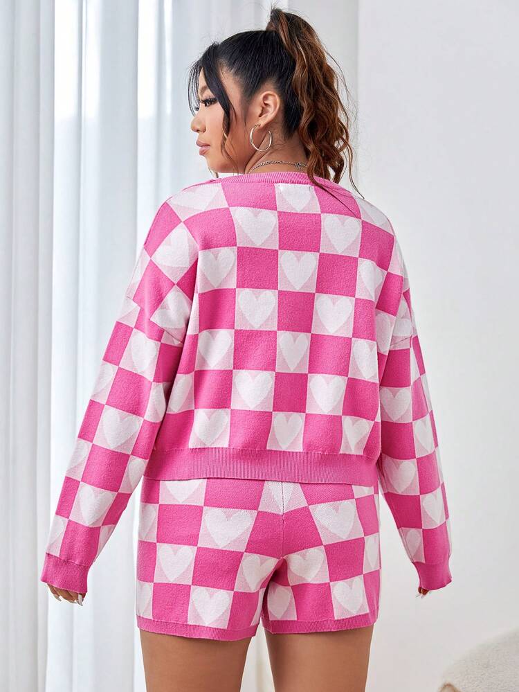 Plus Checker Pattern Drop Shoulder Sweater & Knit Shorts