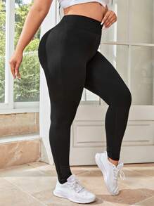 大碼寬腰帶運動打底褲 - 黑色 - 查看 3