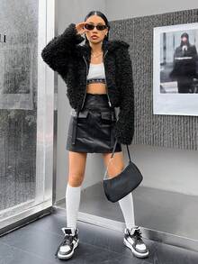 SHEIN EZwear 拉鏈開襟短款毛茸茸夾克 - 黑色 - 查看 6