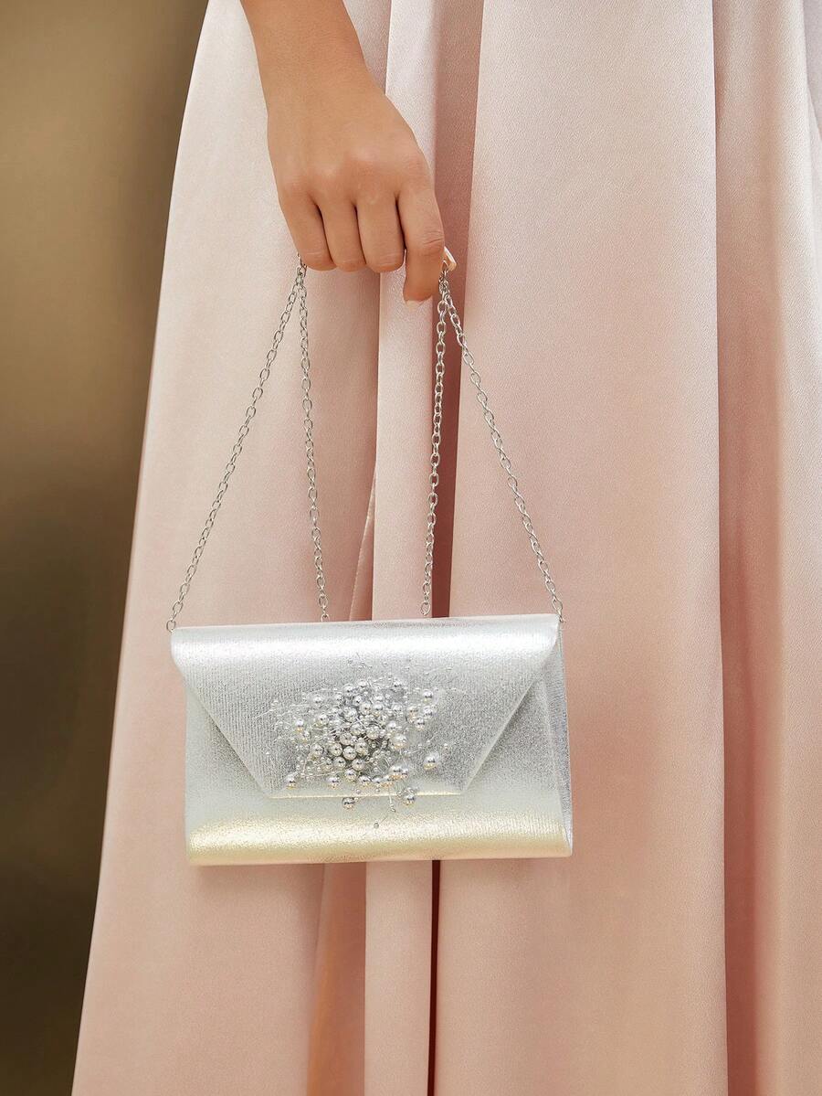 SHEIN Belle 女性金屬質感裝飾用品信封手拿包,銀流行手提包