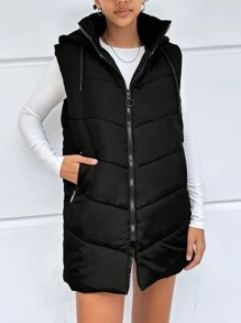 EURMUSE Zip Up Drawstring Hooded Puffer Vest Coat - Black - View 7