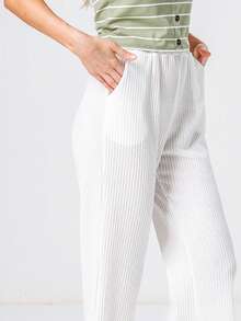 Pantalon Droit Unicolore Côtelé - Blanc - Voir 4