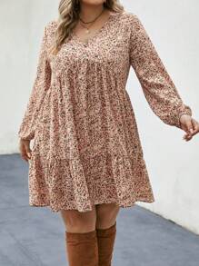 SHEIN LUNE Plus Fall Outfits Ditsy Print Lantern Sleeve Ruffle Hem Smock Dress For Fall Fall Women Clothes,Beach Dress Sundress,Holiday Outfits Boho - Multicolor - View 3