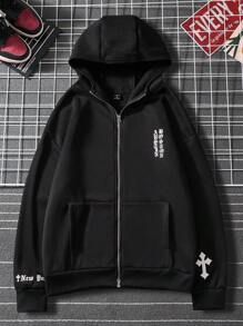 Manfinity Hypemode 男士字母圖形拉鍊式掉肩連帽衫 - 黑色 - 查看 1