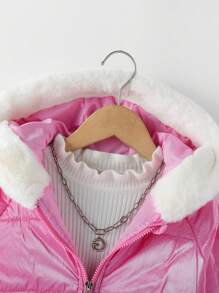 SHEIN Casaco acolchoado com capuz e acabamento felpudo para meninas sem suéter