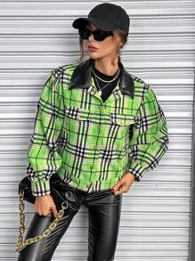 SHEIN Essnce Plaid Print Drop Shoulder Crop Jacket - Green - View 4