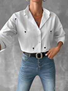 SHEIN Cottnline Heart Embroidery Drop Shoulder Shirt - White - View 5