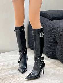 Women's Spring/summer/autumn/winter Rivet Decorated Fashion Pointed Toe Knee High Boots - Black - View 2