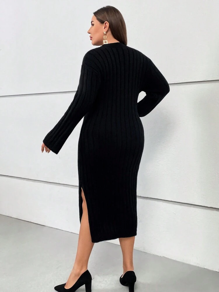 Plus Ribbed Knit Drop Shoulder Split Back Sweater Dress Without Belt