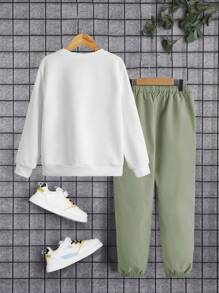 SHEIN Tween Boy Slogan Graphic Pullover & Drawstring Waist Pants - Mint Green - View 2
