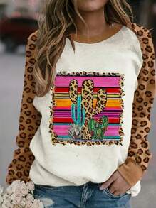 Leopard & Cactus Print Raglan Sleeve Sweatshirt,Long Sleeve Tops - Multicolor - View 1
