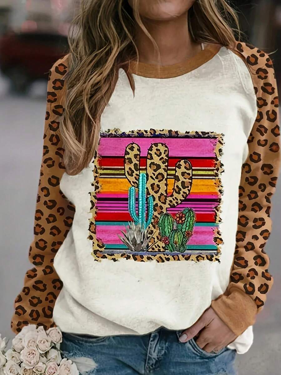 Leopard & Cactus Print Raglan Sleeve Sweatshirt,Long Sleeve Tops - Multicolor - View 1