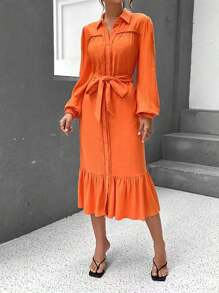 SHEIN Essnce Lantern Sleeve Ruffle Hem Belted Shirt Dress - Orange - View 3
