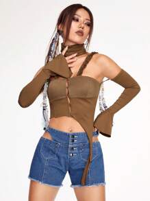 SHEINNeu 素色前紐扣荷葉袖短款上衣 - 棕色 - 查看 3