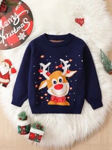Young Boy Christmas Elk Pattern Sweater - Navy Blue - View 1