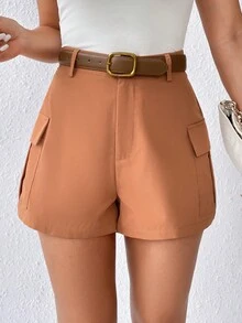SHEIN LUNE Flap Pocket Side Cargo Shorts Without Belt - Brown - View 4