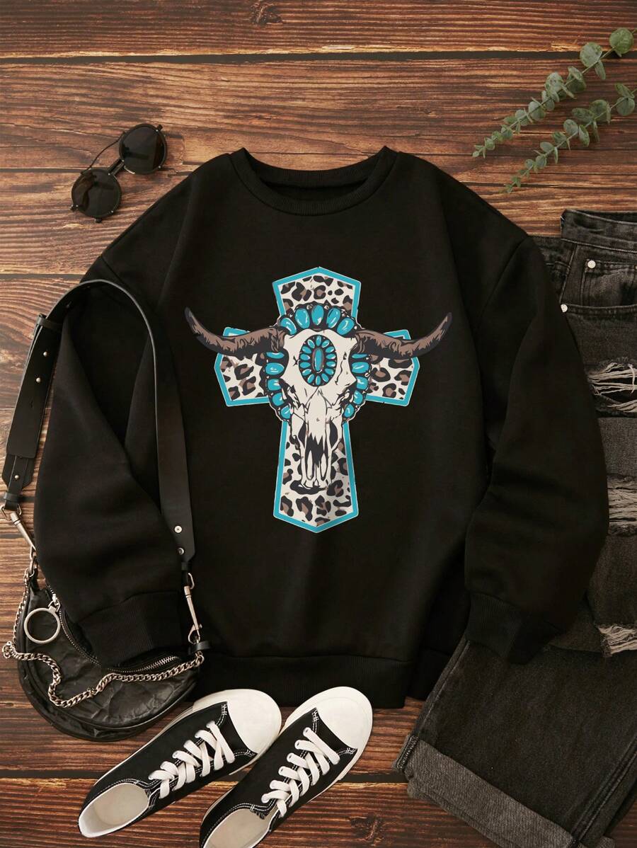 SHEIN Essnce In Động vật Lót nhiệt Áo nỉ - màu đen - Xem 1