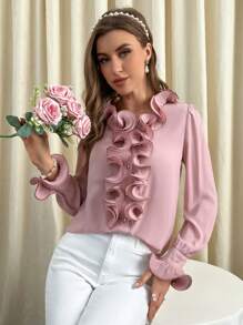 SHEIN Privé Ruffle Trim Flounce Sleeve Blouse - Pink - View 2