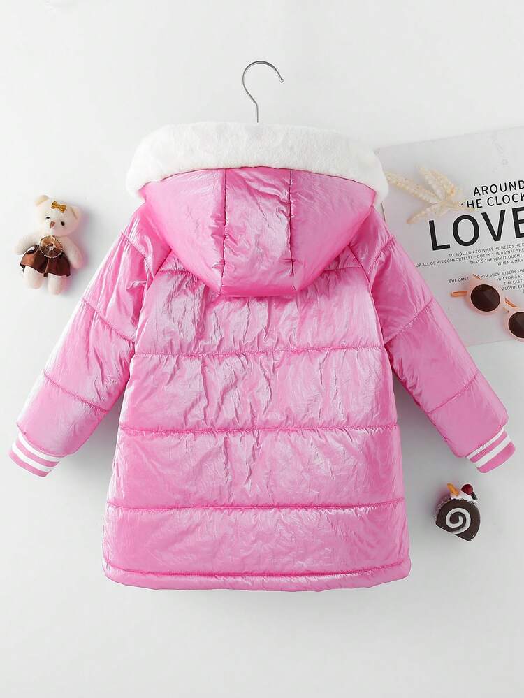 Young Girl Fuzzy Trim Hooded Padded Coat Without Sweater