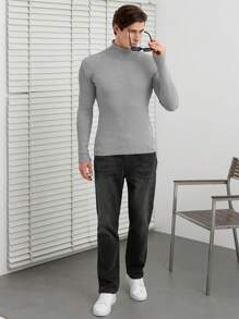 SHEIN Cottnline Men Solid Turtleneck Ribbed Knit Sweater - Grey - View 6