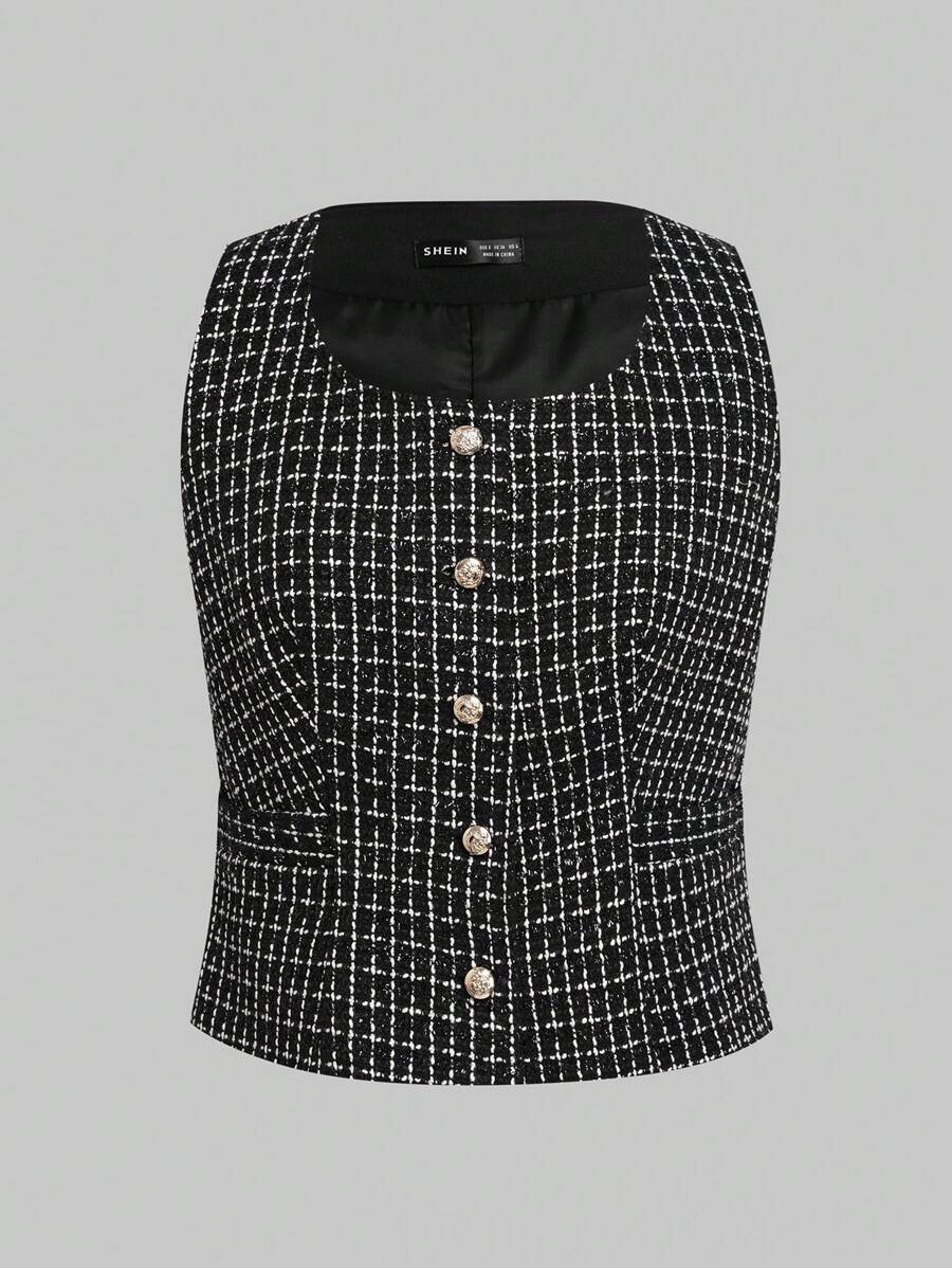 SHEIN Unity Button Front Tweed Vest Overcoat - Black and White - View 1