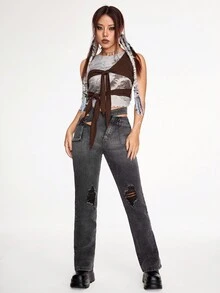 SHEINNeu 撞色前打結背心上衣 - 棕色 - 查看 3