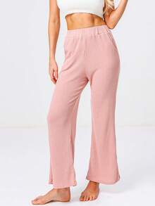 Solid Ribbed Knit Wide Leg Pants - Pink - View 3