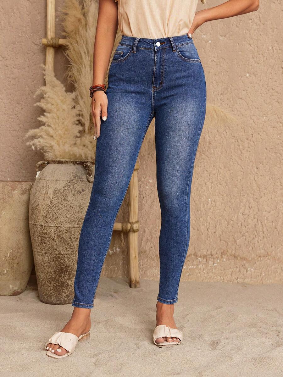 SHEIN LUNE Quần jean skinny lưng cao - Rửa tối - Xem 1