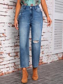 SHEIN LUNE Ripped Mom Fit Jeans - Blue - View 1