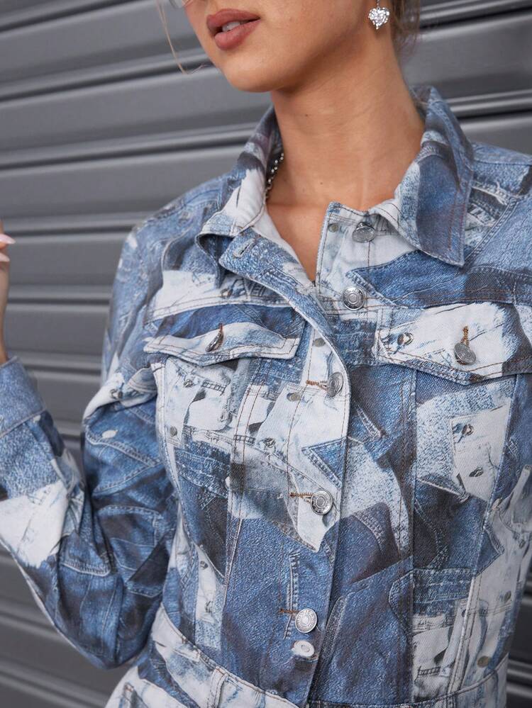 Tie Dye Flap Pocket Denim Dress